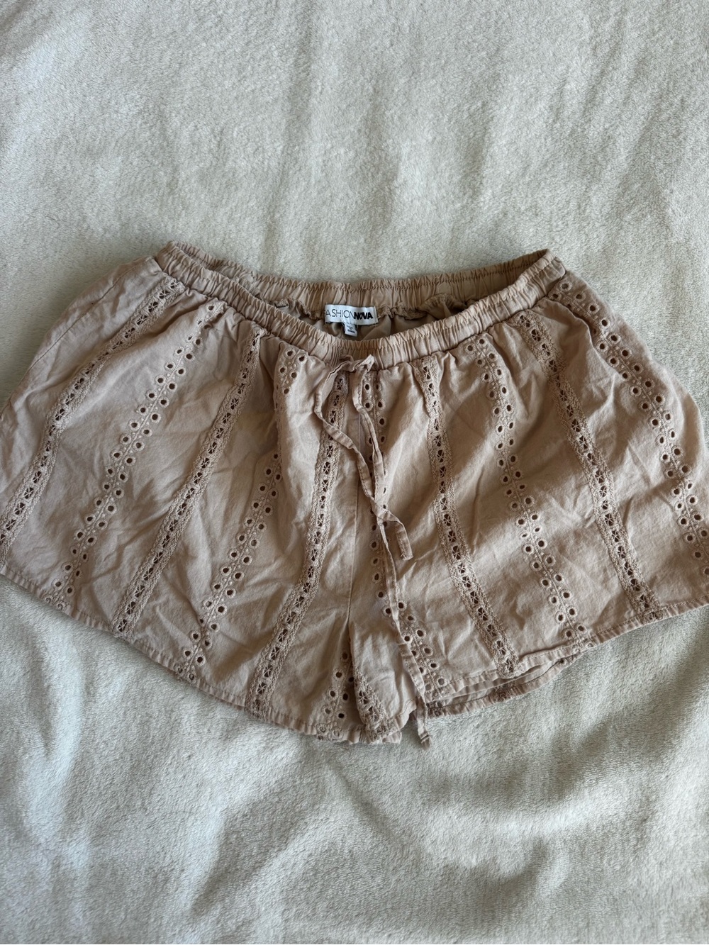 Fashion Nova Beige Eyelet Drawstring Athletic Shorts